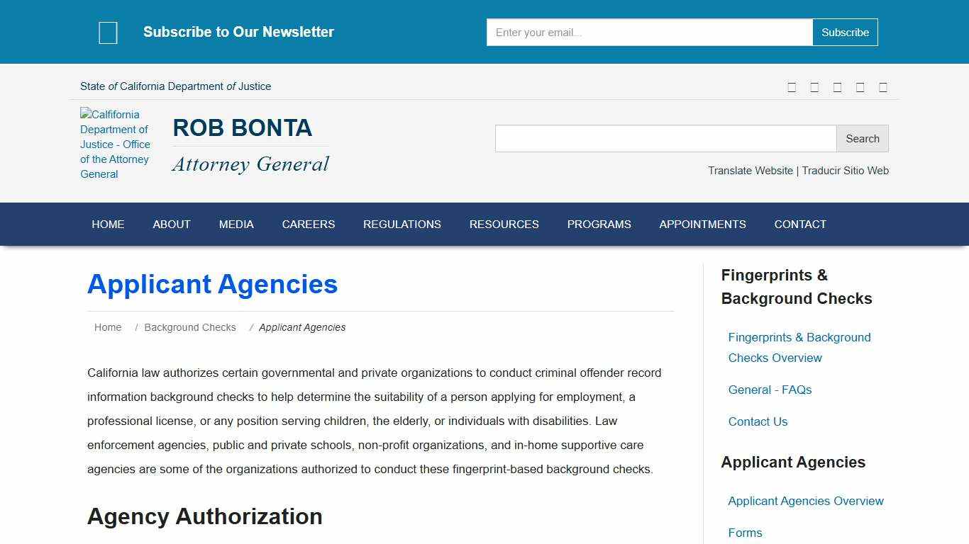 Applicant Agencies State of California - Department of Justice - Office of the Attorney General